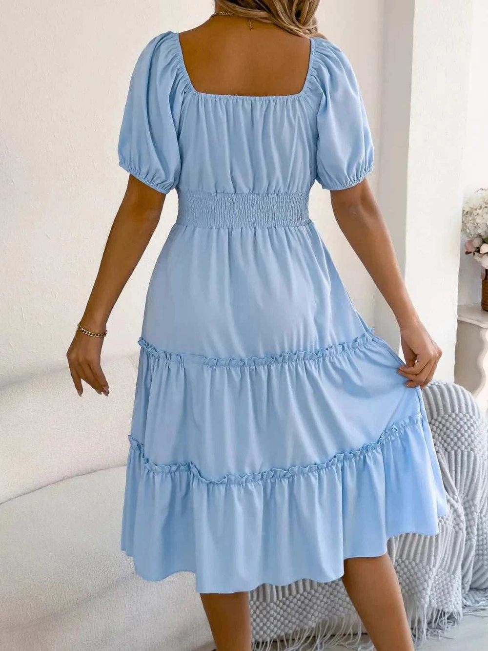 Square Neck Short Puff Sleeve Dress - Trendsi - Flyclothing LLC