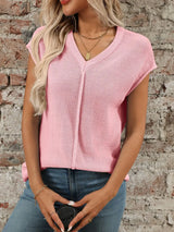 V-Neck Short Sleeve Knit Top - Trendsi - Flyclothing LLC