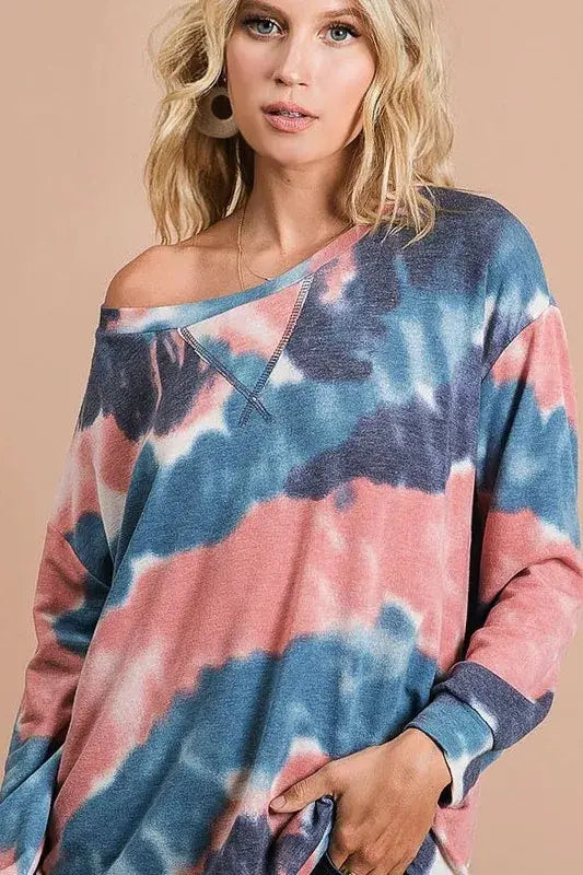 BiBi Tie Dye French Terry Pull Over with Front Stitching Detail - Trendsi - Flyclothing LLC