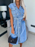 Collared Neck Cap Sleeve Denim Dress - Trendsi - Flyclothing LLC