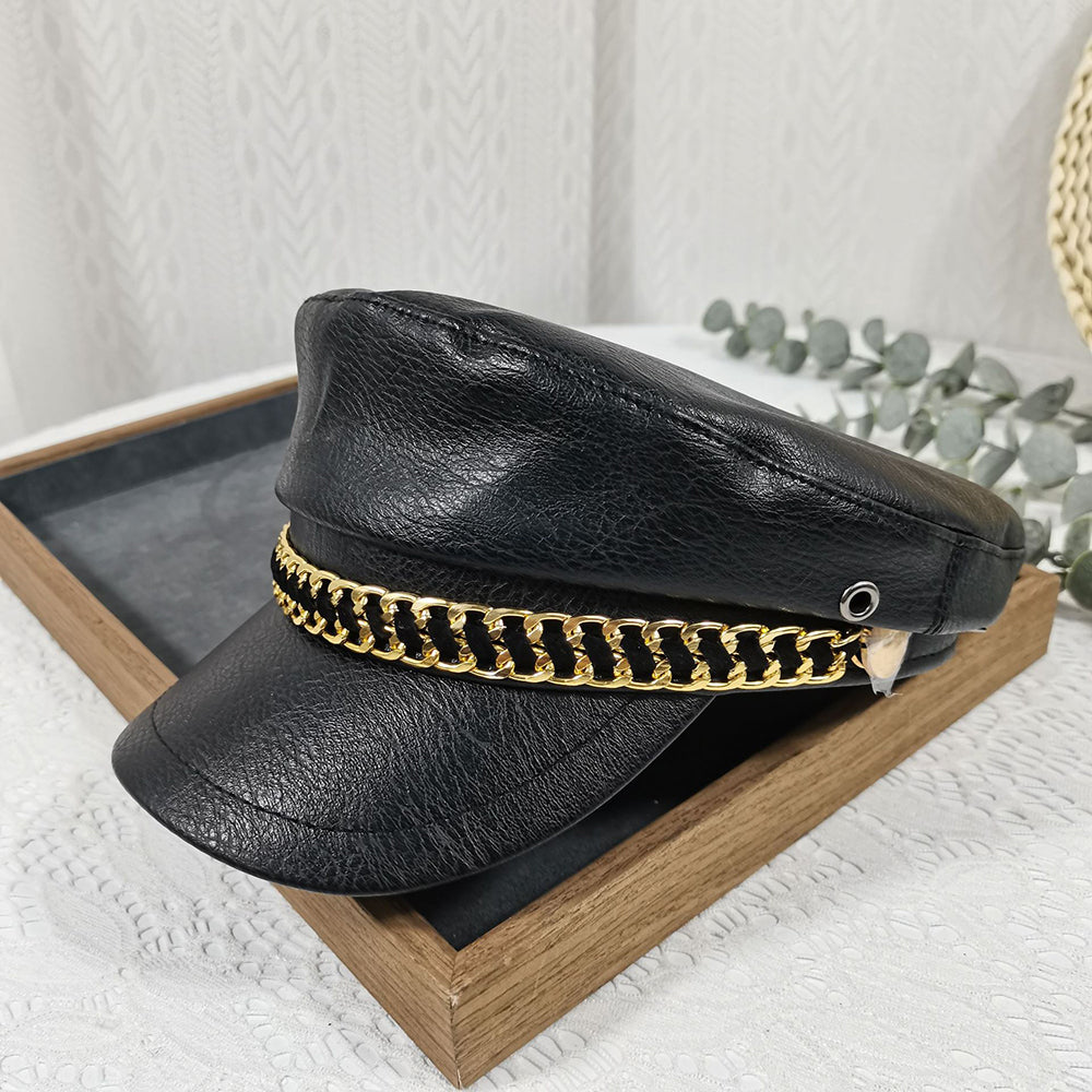Punk Chain Rivet PU Newsboy Hat, Cool And Bold Girl Style Navy Hat, Halloween Dark-themed Outfit Hat