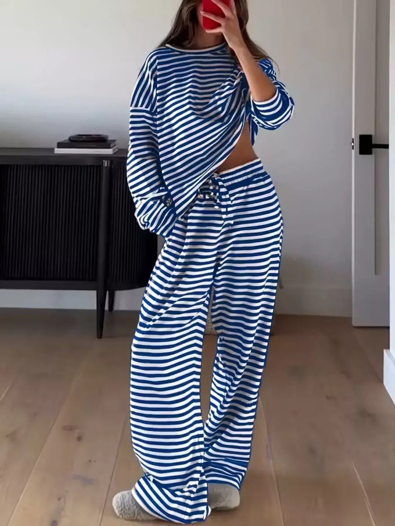 Striped Round Neck Top and Pants Set - Trendsi - Flyclothing LLC