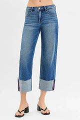 RISEN Full Size Tummy Control Mid Rise Crop Wide Cuffed Jeans Plus Size - Trendsi - Flyclothing LLC