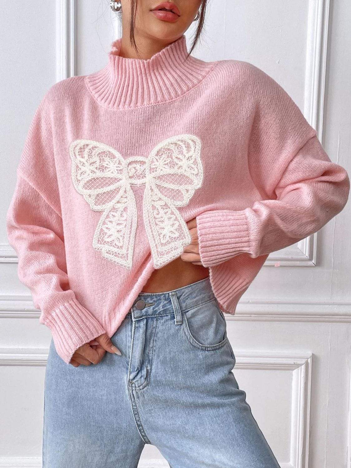 Bow Turtleneck Long Sleeve Sweater - Trendsi - Flyclothing LLC