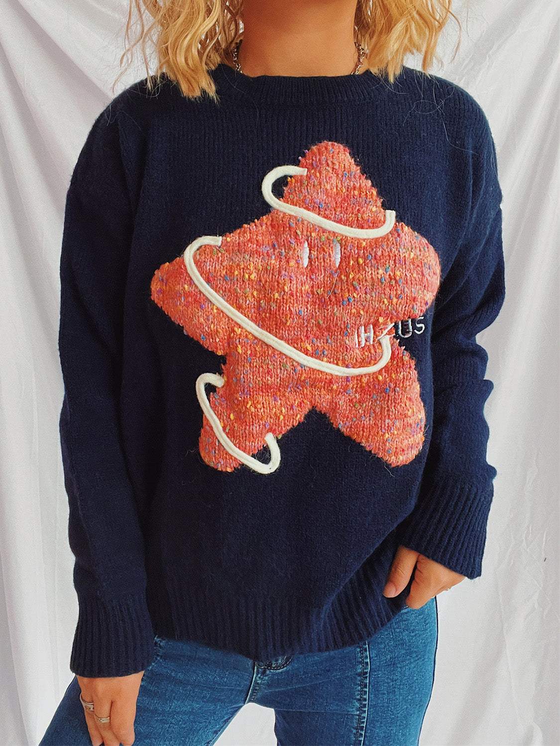 Contrast Star Round Neck Long Sleeve Sweater - Trendsi - Flyclothing LLC