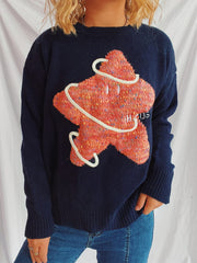 Contrast Star Round Neck Long Sleeve Sweater - Trendsi