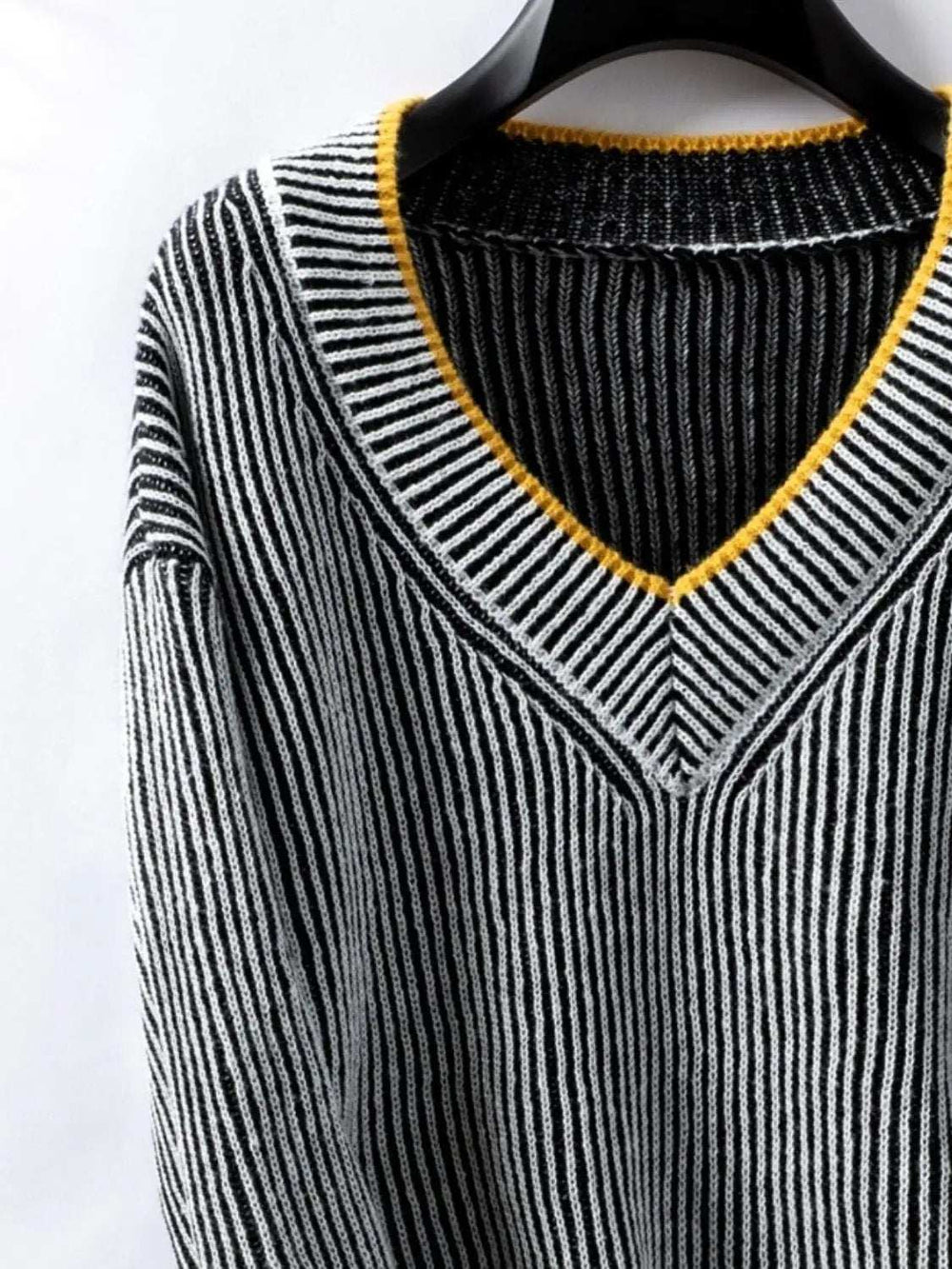 Striped V-Neck Long Sleeve Sweater - Trendsi - Flyclothing LLC