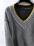 Striped V-Neck Long Sleeve Sweater - Trendsi