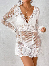 Cutout Tied V-Neck Long Sleeve Cover Up - Trendsi - Flyclothing LLC