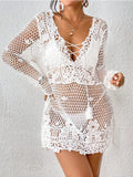 Cutout Tied V-Neck Long Sleeve Cover Up - Trendsi