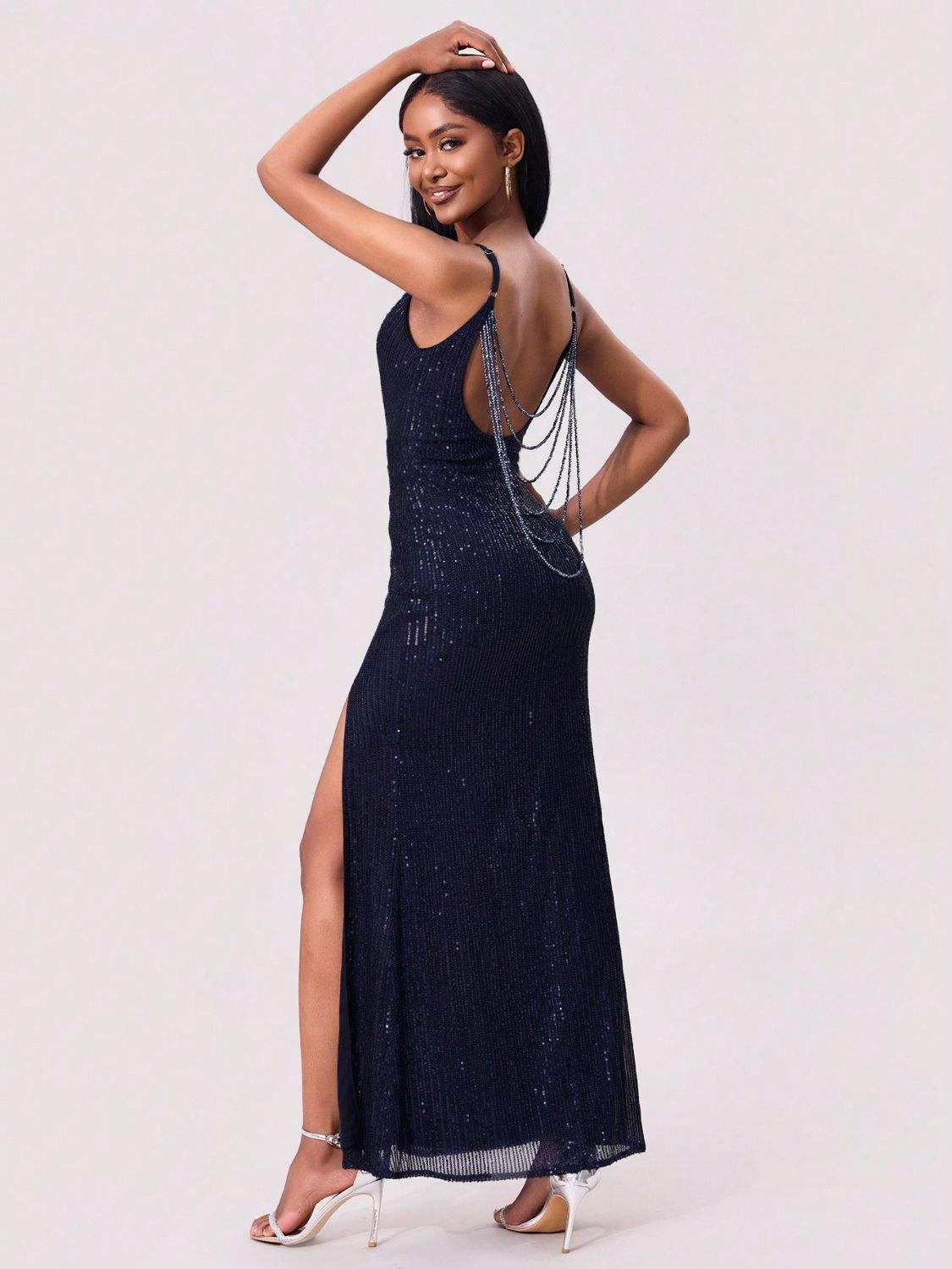 Split Sequin Backless Maxi Cami Dress - Trendsi - Flyclothing LLC