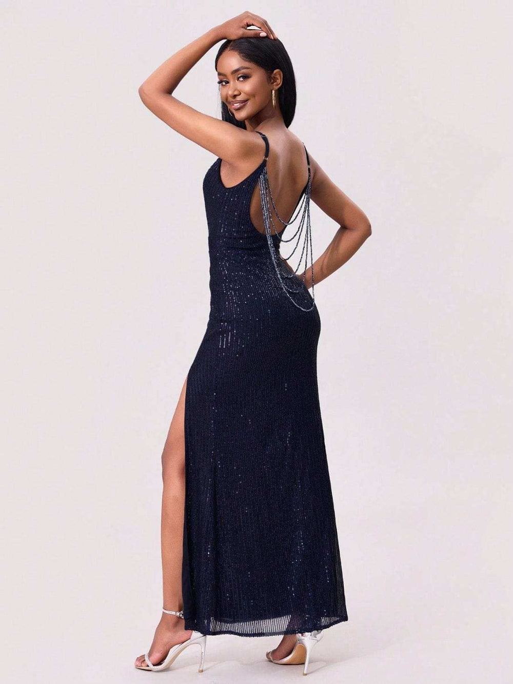 Split Sequin Backless Maxi Cami Dress - Trendsi - Flyclothing LLC