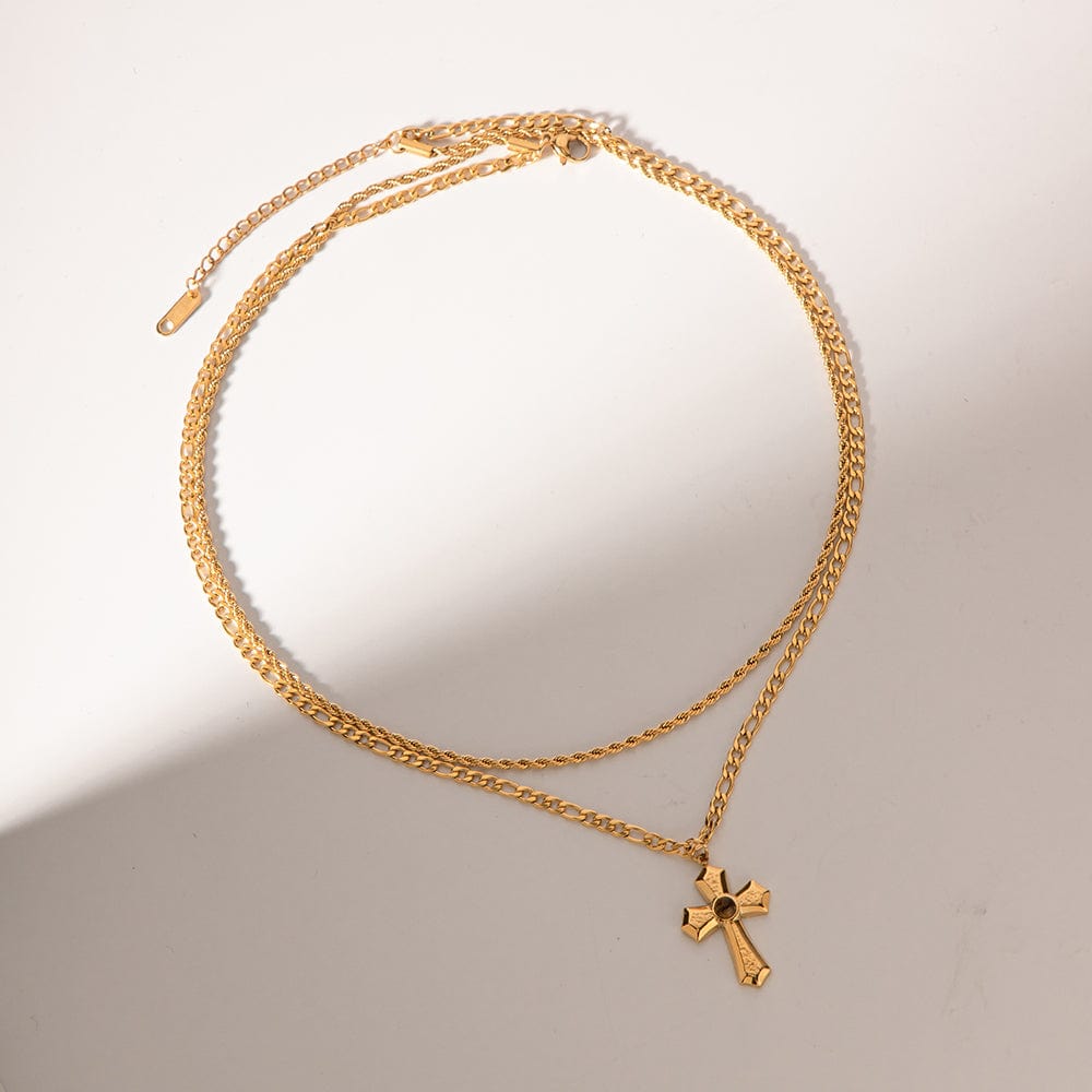 18K Gold-Plated Double Layered Cross Necklace - Trendsi