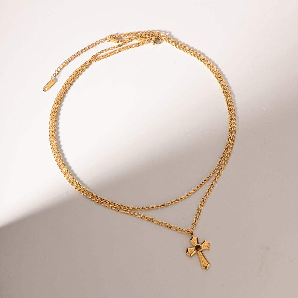 18K Gold-Plated Double Layered Cross Necklace - Trendsi - Flyclothing LLC