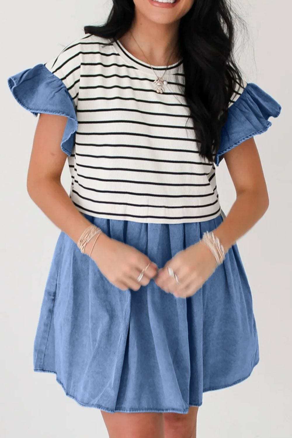Stripe Ruffle Denim Patchwork Round Neck Mini Dress - Trendsi - Flyclothing LLC