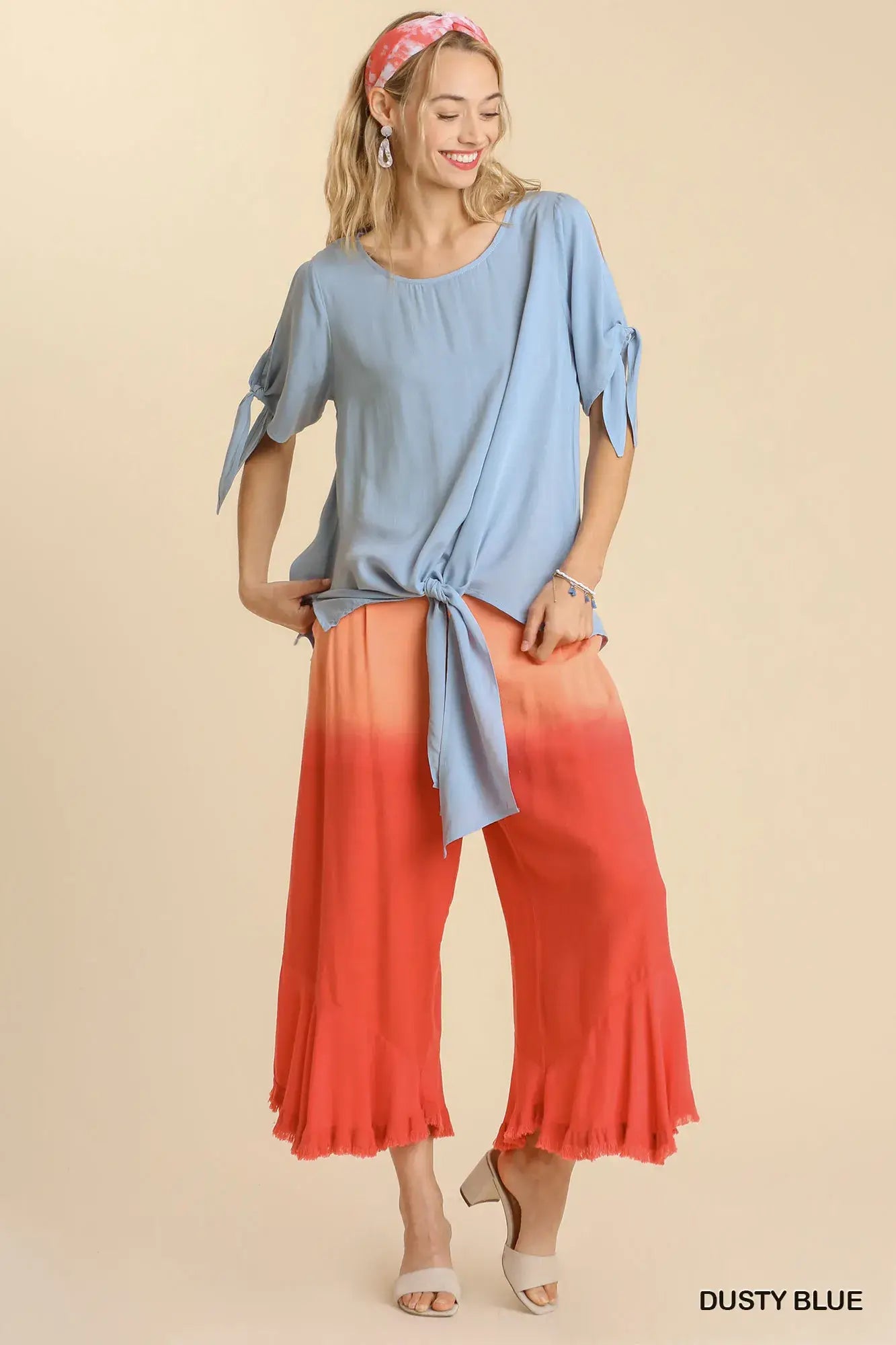Umgee Cold Shoulder Short Sleeve Round Neck Top with Side Slits and Tie-able Knot Details - Trendsi - Flyclothing LLC