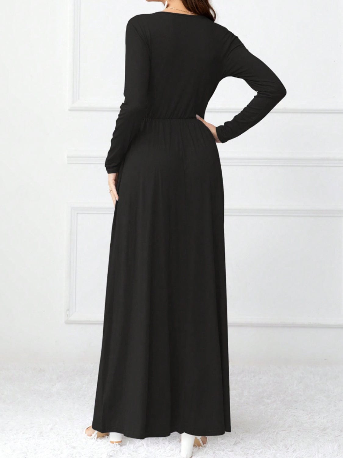 Pocketed Surplice Long Sleeve Maxi Dress - Trendsi