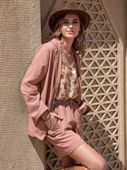 Lace Detail Collared Neck Long Sleeve Top and Shorts Set - Trendsi