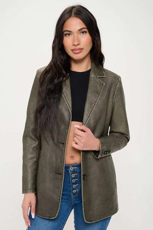 Coalition LA Single-Breasted Vegan Leather Blazer - Trendsi - Flyclothing LLC