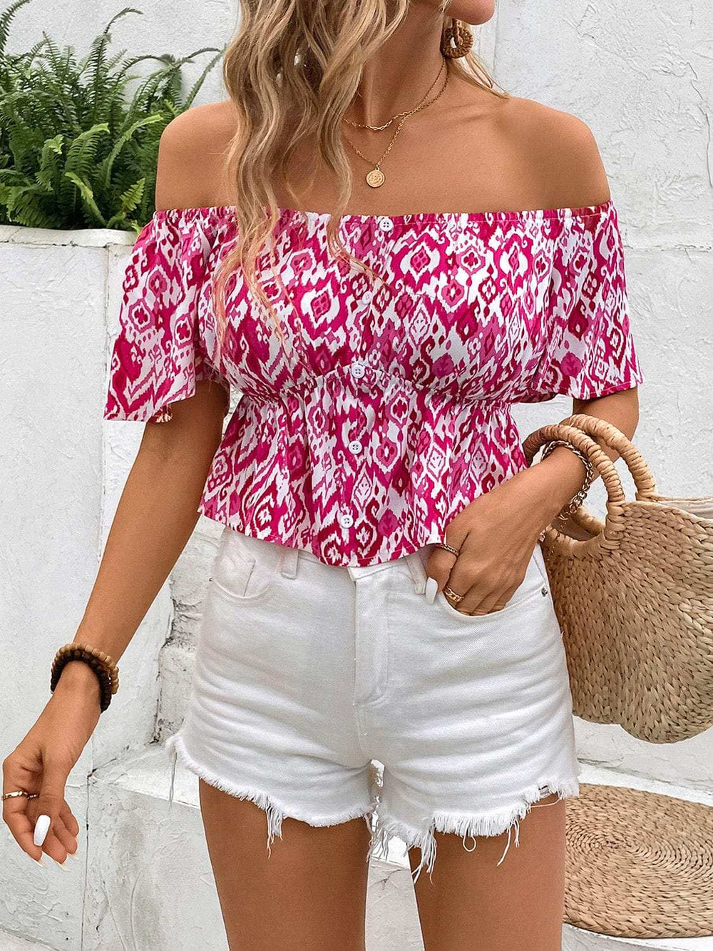 Peplum Printed Off-Shoulder Short Sleeve Blouse - Trendsi - Flyclothing LLC