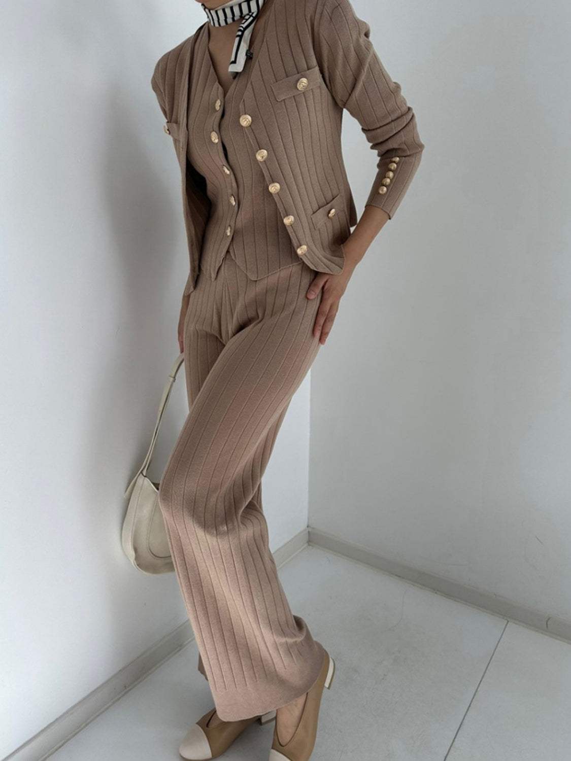 V-Neck Tank, Cardigan and Pants Three-Piece Sweater Set - Trendsi - Flyclothing LLC