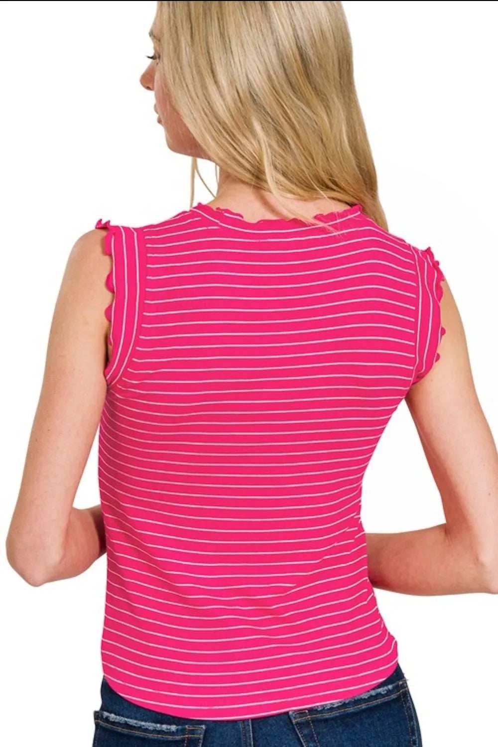 Zenana Ribbed Ruffle Trim Sleeveless Stripe Top - Trendsi - Flyclothing LLC