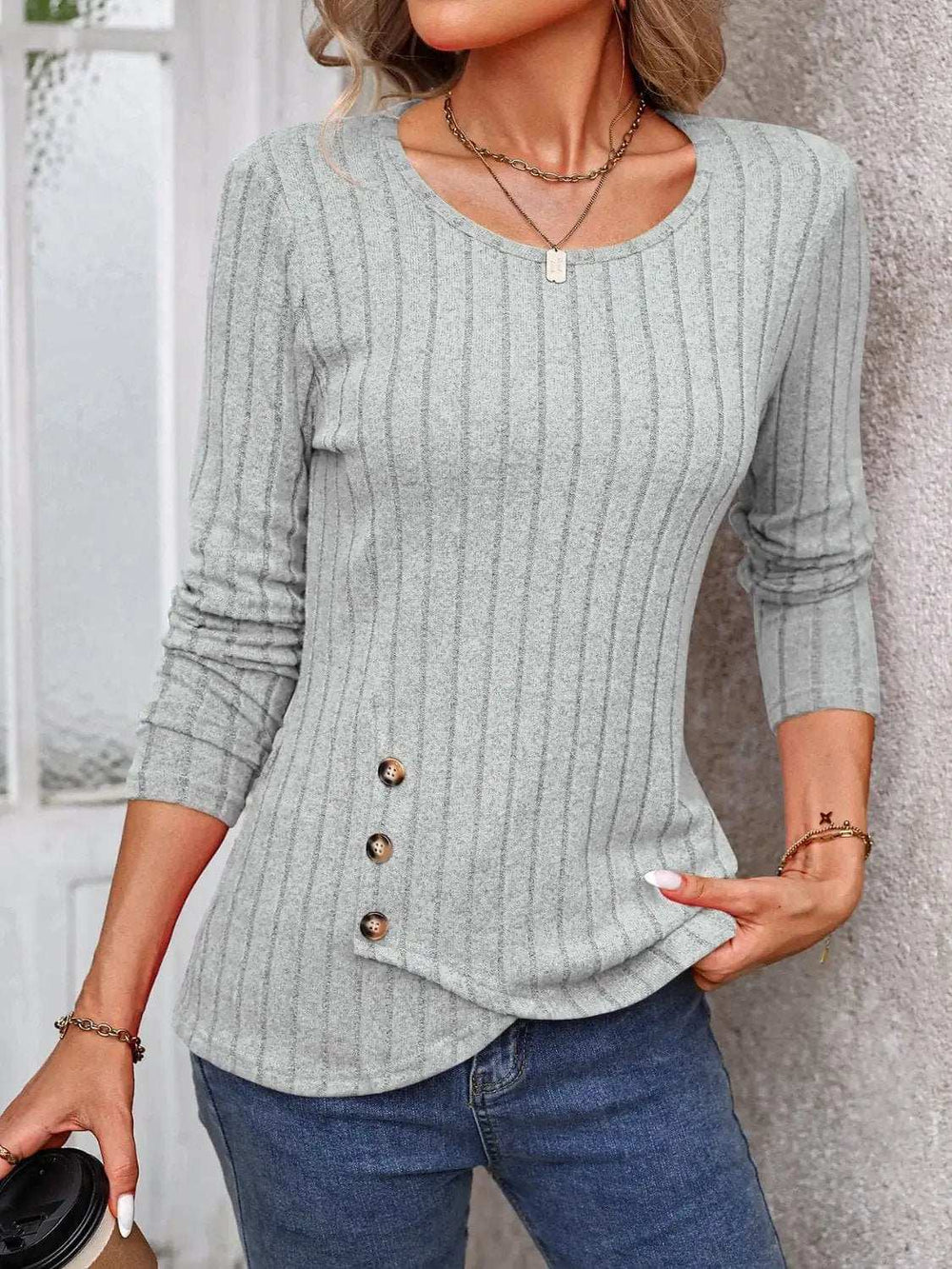 Decorative Button Round Neck Long Sleeve T-Shirt - Trendsi - Flyclothing LLC