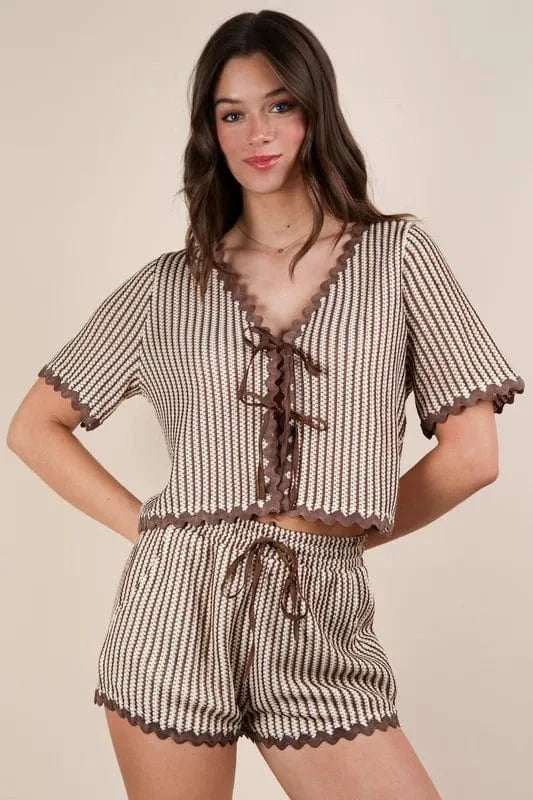 VERY J Wave Trim Detail Knit Top & Shorts Set - Trendsi