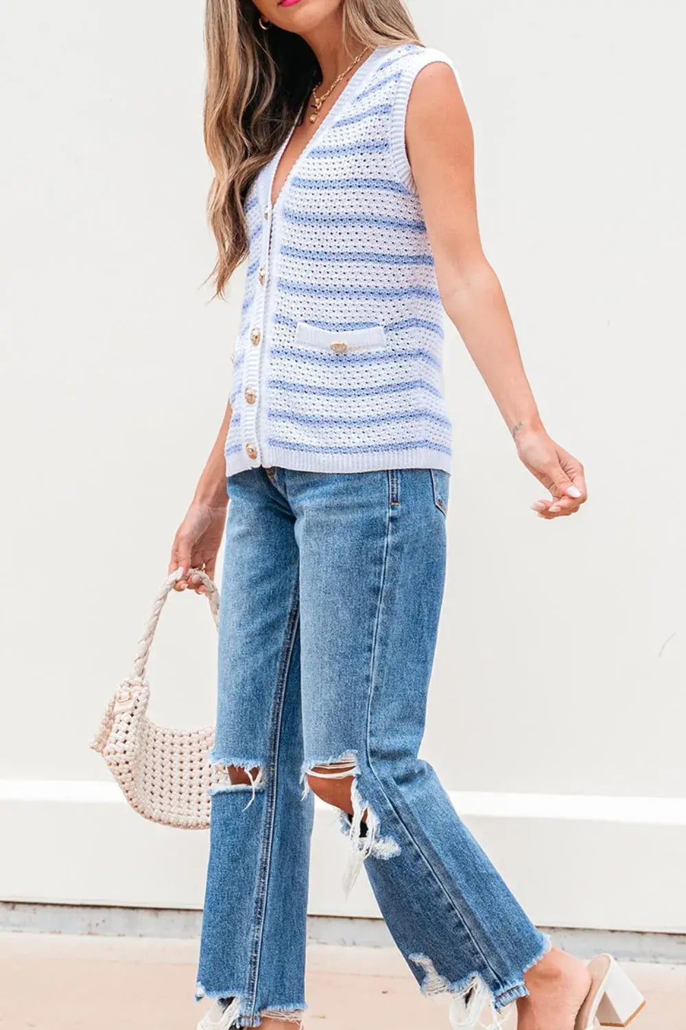 Stripe V Neck Gold Buttons Elegant Sweater Vest - Trendsi - Flyclothing LLC