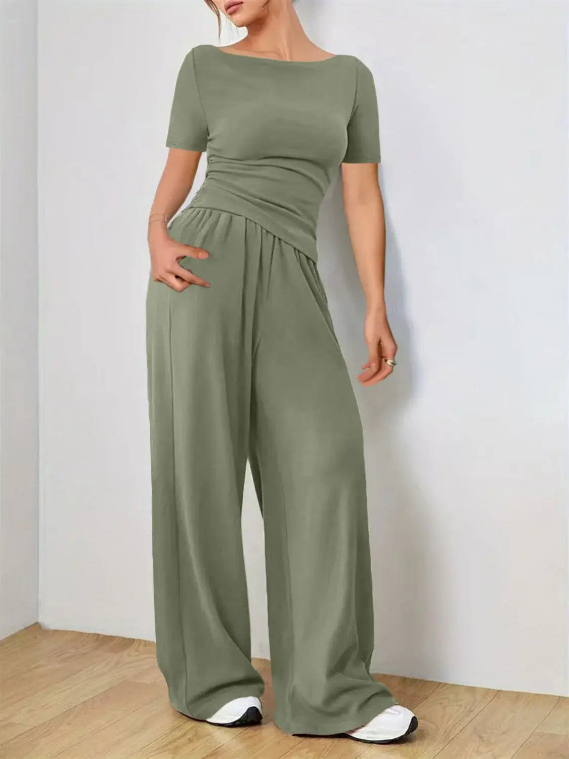 Round Neck Short Sleeve T-Shirt and Pants Set - Trendsi - Flyclothing LLC