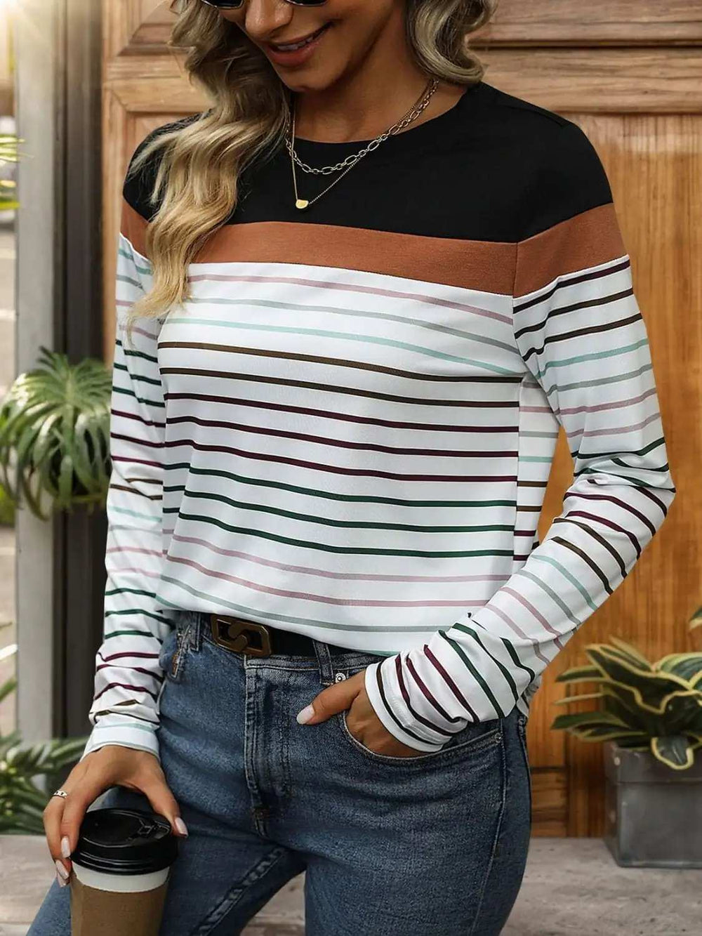 Striped Round Neck Long Sleeve T-Shirt - Trendsi - Flyclothing LLC