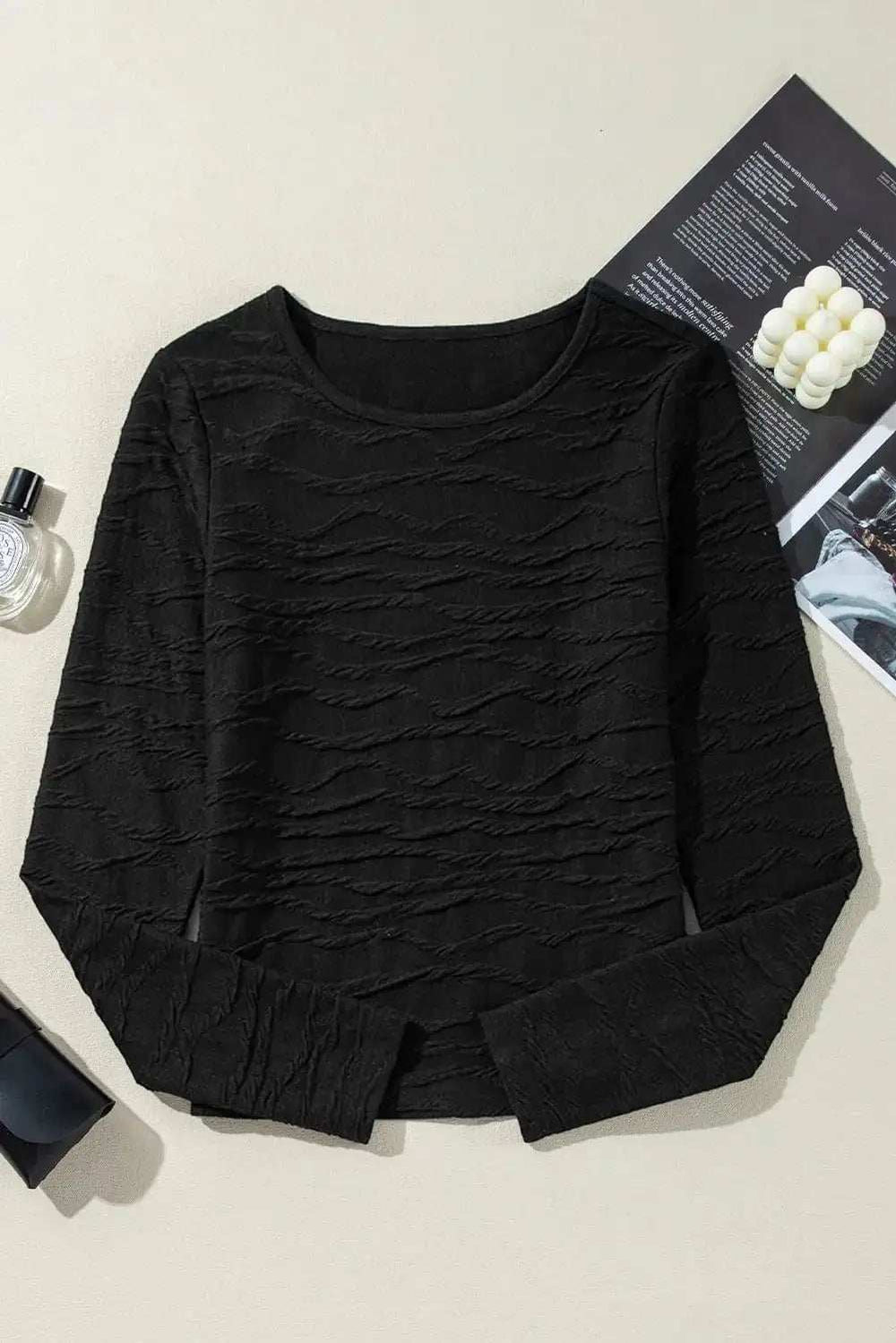 Textured Round Neck Long Sleeve Blouse - Trendsi - Flyclothing LLC