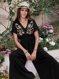 Embroidered Ruched Short Sleeve Jumpsuit - Trendsi - Flyclothing LLC