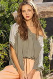 POL Oversize V-Neck Crochet Lace Contrast Studded Top - Trendsi