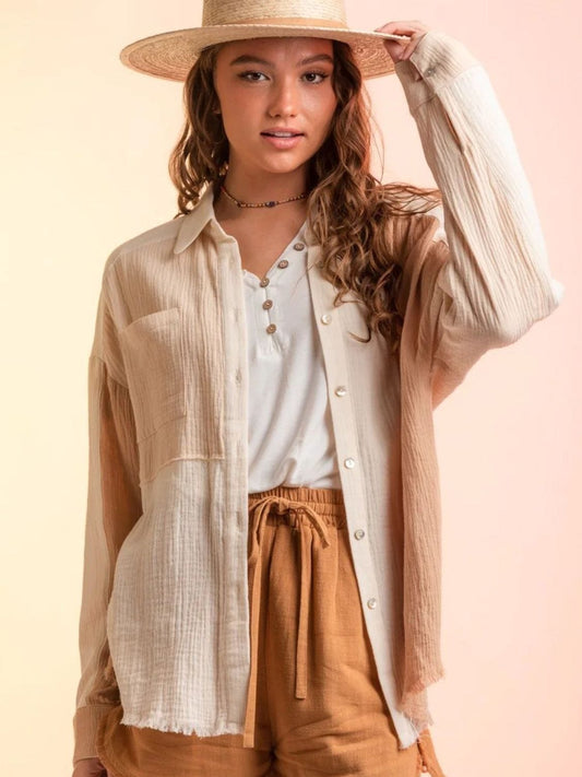 Contrast Button Up Long Sleeve Shirt - Trendsi