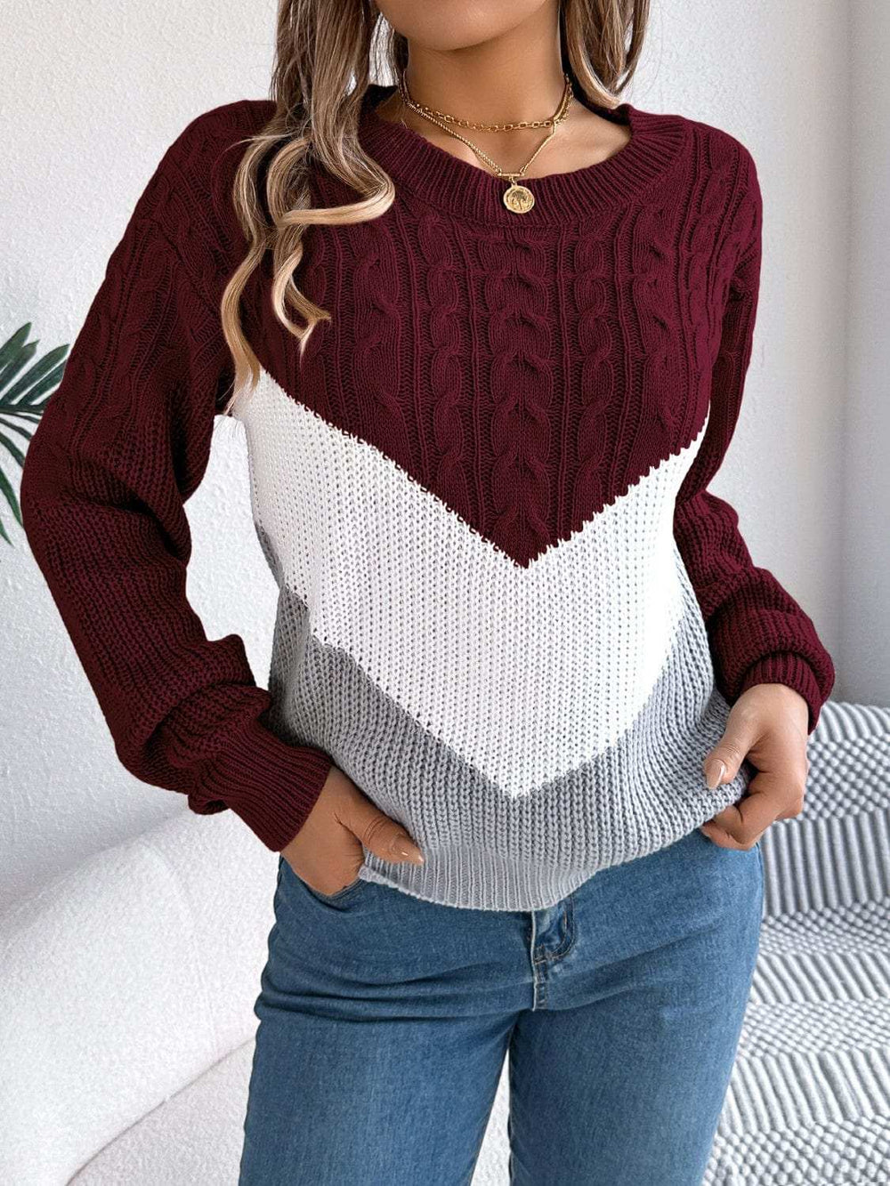 Cable-Knit Color Block Round Neck Sweater - Trendsi - Flyclothing LLC