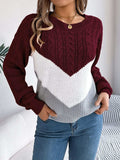 Cable-Knit Color Block Round Neck Sweater - Trendsi - Flyclothing LLC