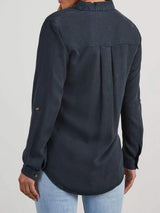 Collared Neck Roll-Tab Sleeve Denim Top - Trendsi - Flyclothing LLC