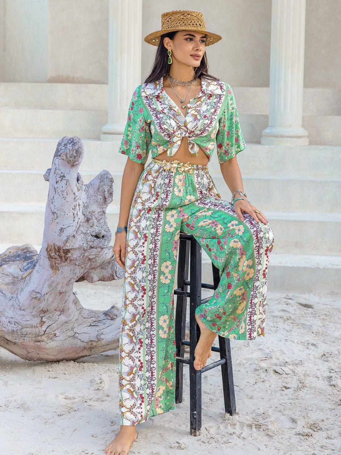 Printed Half Sleeve Top and Wide Leg Pants Set - Trendsi