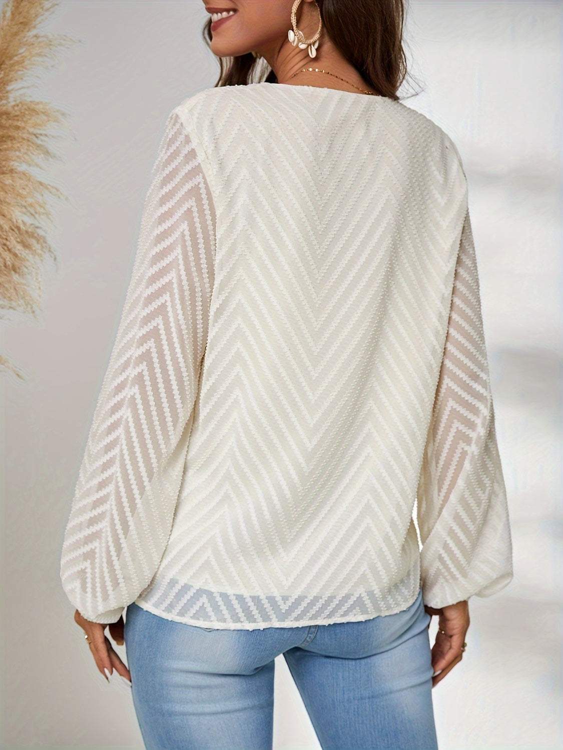 Textured V-Neck Balloon Sleeve Blouse - Trendsi - Flyclothing LLC