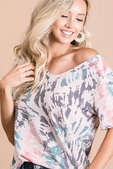 BiBi Tie Dye Print Terry Deep U Neck Top - Trendsi - Flyclothing LLC