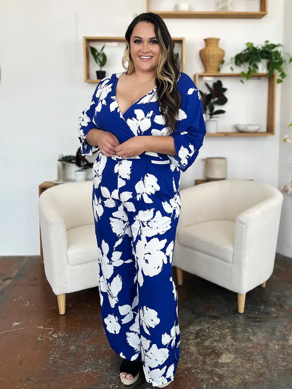 Double Take Full Size Printed Tie Back Wide Leg Jumpsuit - Trendsi - Flyclothing LLC
