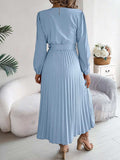 Pleated Tied V-Neck Long Sleeve Dress - Trendsi - Flyclothing LLC