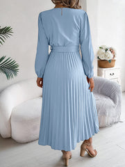 Pleated Tied V-Neck Long Sleeve Dress - Trendsi