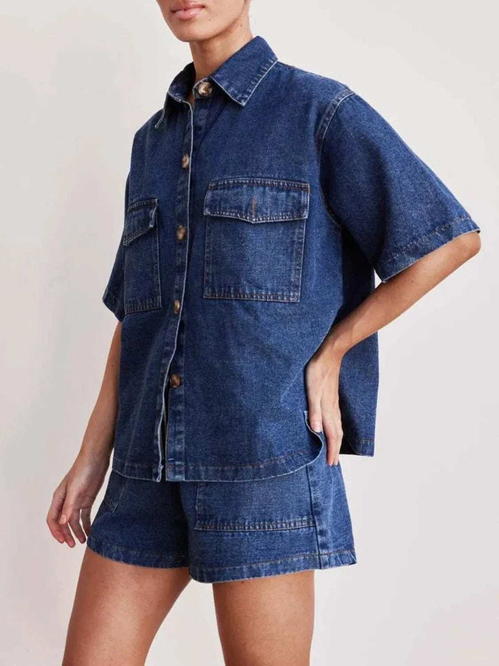 Button Up Short Sleeve Top and Shorts Denim Set - Trendsi - Flyclothing LLC