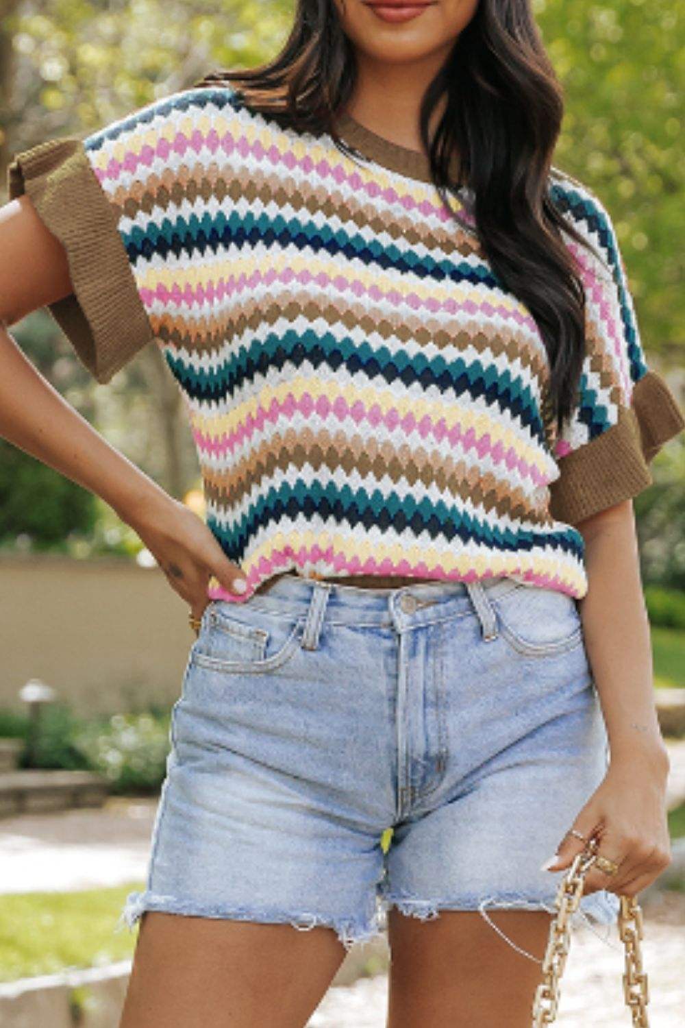 Contrast Round Neck Short Sleeve Sweater - Trendsi - Flyclothing LLC