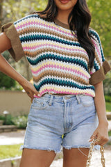 Contrast Round Neck Short Sleeve Sweater - Trendsi - Flyclothing LLC