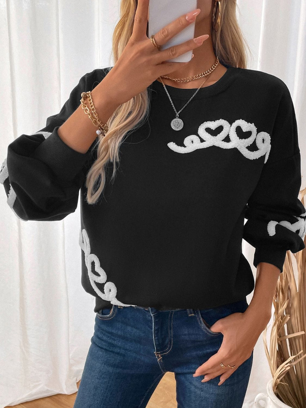 Perfee Heart Round Neck Long Sleeve Sweater - Trendsi