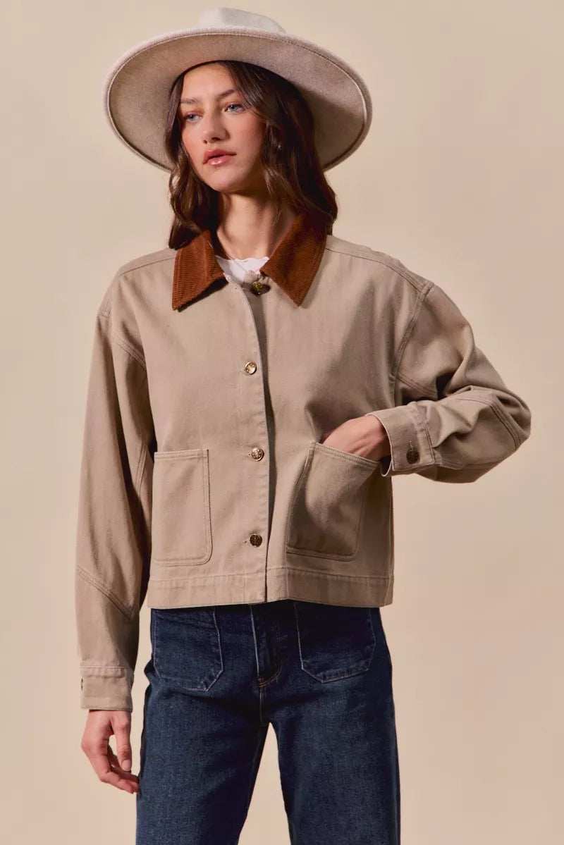 SO ME Cotton Twill Cropped Barn Jacket wtih Collar - Trendsi - Flyclothing LLC