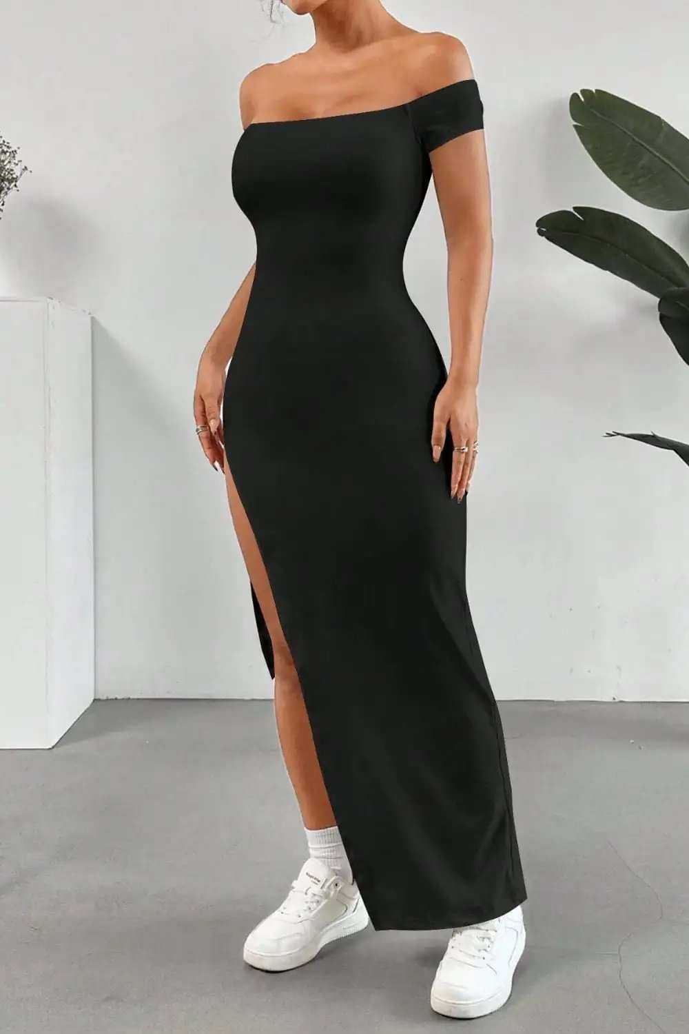 Off Shoulder Slit Maxi Dress - Trendsi - Flyclothing LLC